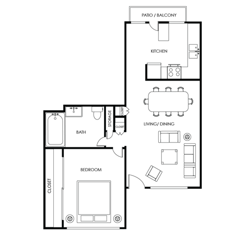 A floor plan of an apartment with a kitchen, living room, dining room, and bathroom.